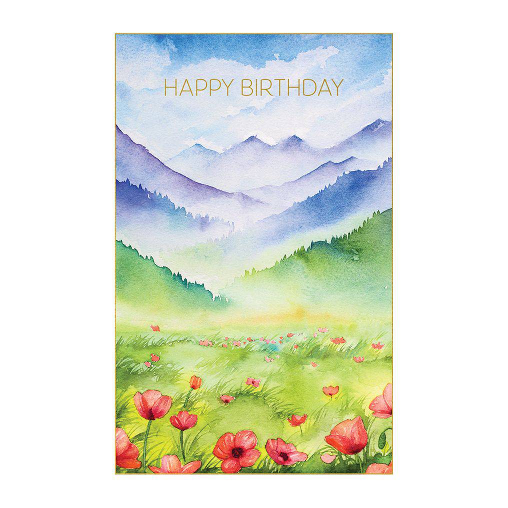 Red poppies landscape birthday card from Pictura featuring vibrant red poppies and a scenic countryside design.